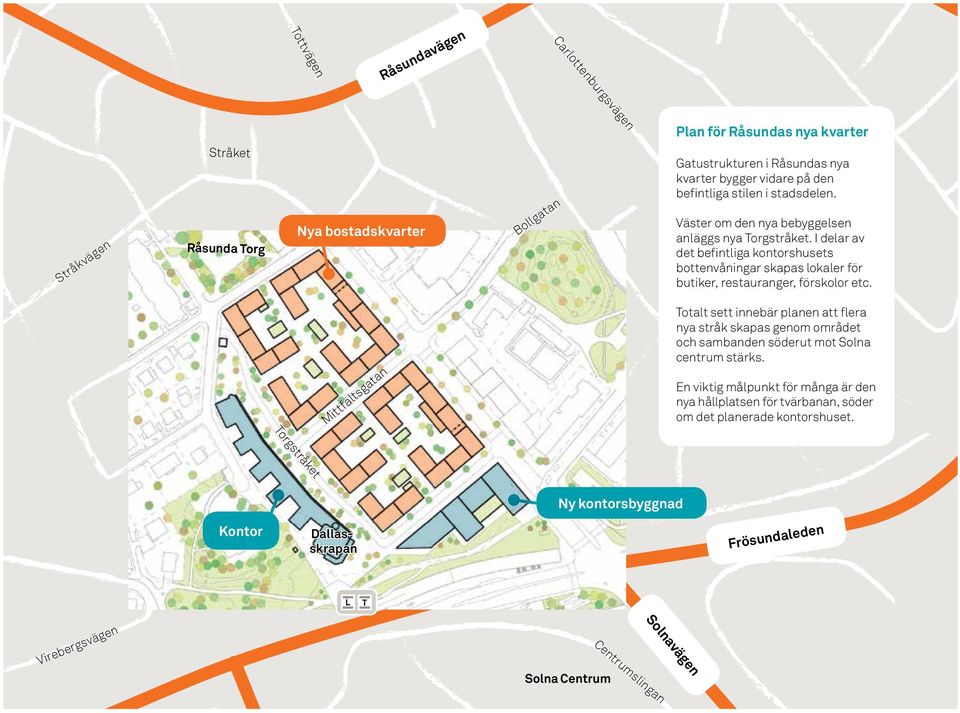 I delar av det befintliga kontorshusets botten våningar skapas lokaler för butiker, restauranger, förskolor etc.