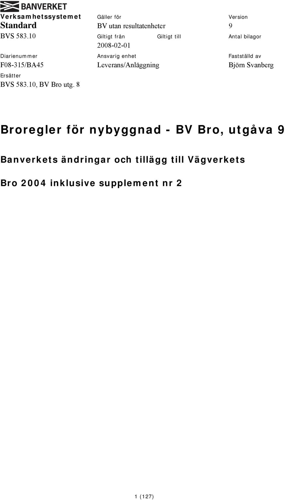 av F08-315/BA45 Leverans/Anläggning Björn Svanberg Ersätter BVS 583.10, BV Bro utg.