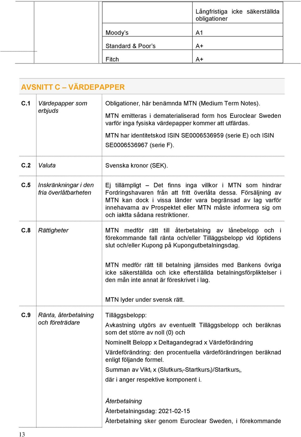 2 Valuta Svenska kronor (SEK). C.5 Inskränkningar i den fria överlåtbarheten Ej tillämpligt Det finns inga villkor i MTN som hindrar Fordringshavaren från att fritt överlåta dessa.