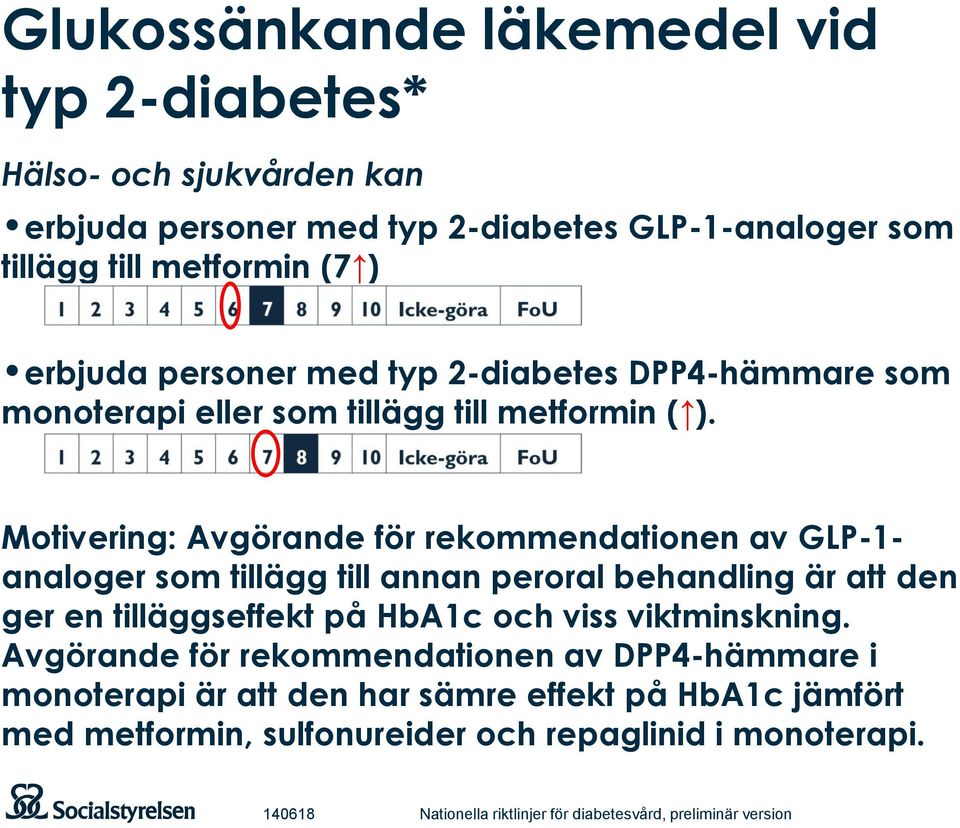 Motivering: Avgörande för rekommendationen av GLP-1- analoger som tillägg till annan peroral behandling är att den ger en tilläggseffekt på HbA1c och viss