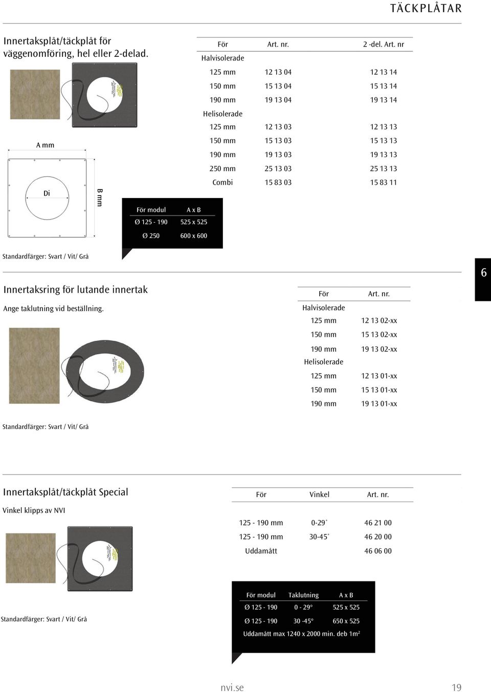 360:- 15 13 13 410:- 190 mm 19 13 03 360:- 19 13 13 410:- 250 mm 25 13 03 400:- 25 13 13 450:- Combi 15 83 03 360:- 15 83 11 410:- För modul x Ø 125-190 525 x 525 Ø 250 600 x 600 Innertaksring för