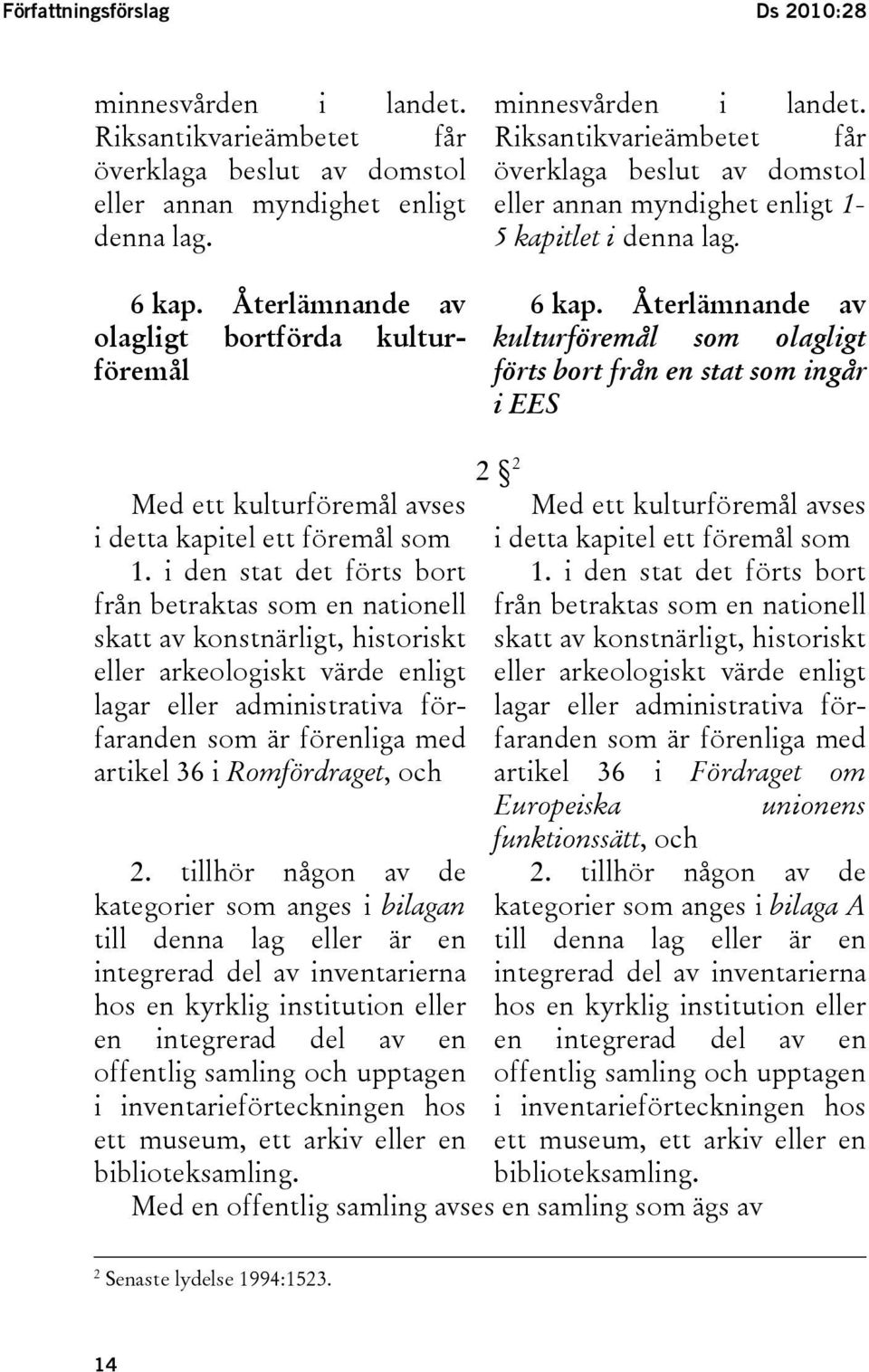 Återlämnande av kulturföremål som olagligt förts bort från en stat som ingår i EES Med ett kulturföremål avses i detta kapitel ett föremål som 1.