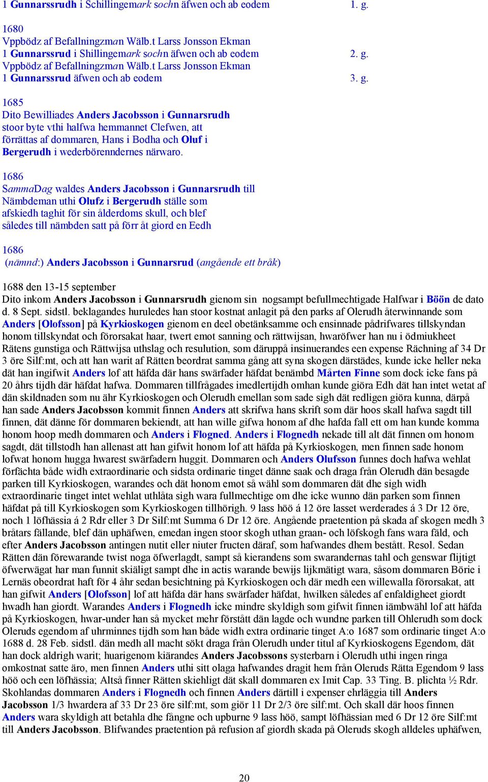 1686 SammaDag waldes Anders Jacobsson i Gunnarsrudh till Nämbdeman uthi Olufz i Bergerudh ställe som afskiedh taghit för sin ålderdoms skull, och blef således till nämbden satt på förr åt giord en