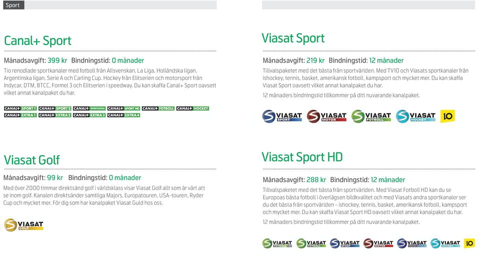 Viasat Sport Viasat Sport Månadsavgift: 219 kr Bindningstid: 12 månader Tillvalspaketet med det bästa från sportvärlden.