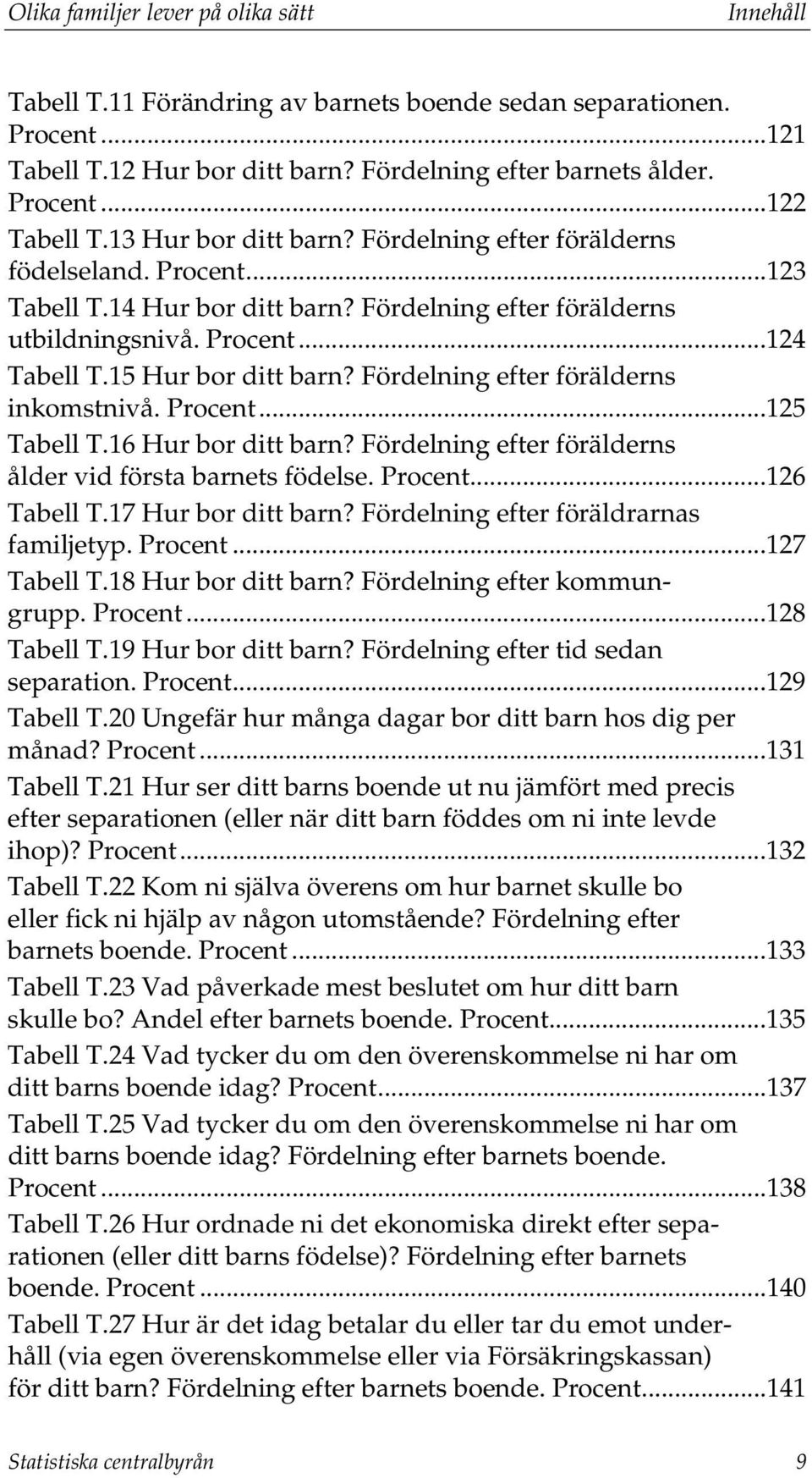 Fördelning efter förälderns inkomstnivå. Procent...125 Tabell T.16 Hur bor ditt barn? Fördelning efter förälderns ålder vid första barnets födelse. Procent...126 Tabell T.17 Hur bor ditt barn?
