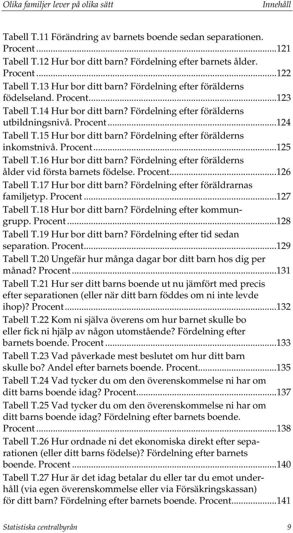 Fördelning efter förälderns inkomstnivå. Procent...125 Tabell T.16 Hur bor ditt barn? Fördelning efter förälderns ålder vid första barnets födelse. Procent...126 Tabell T.17 Hur bor ditt barn?