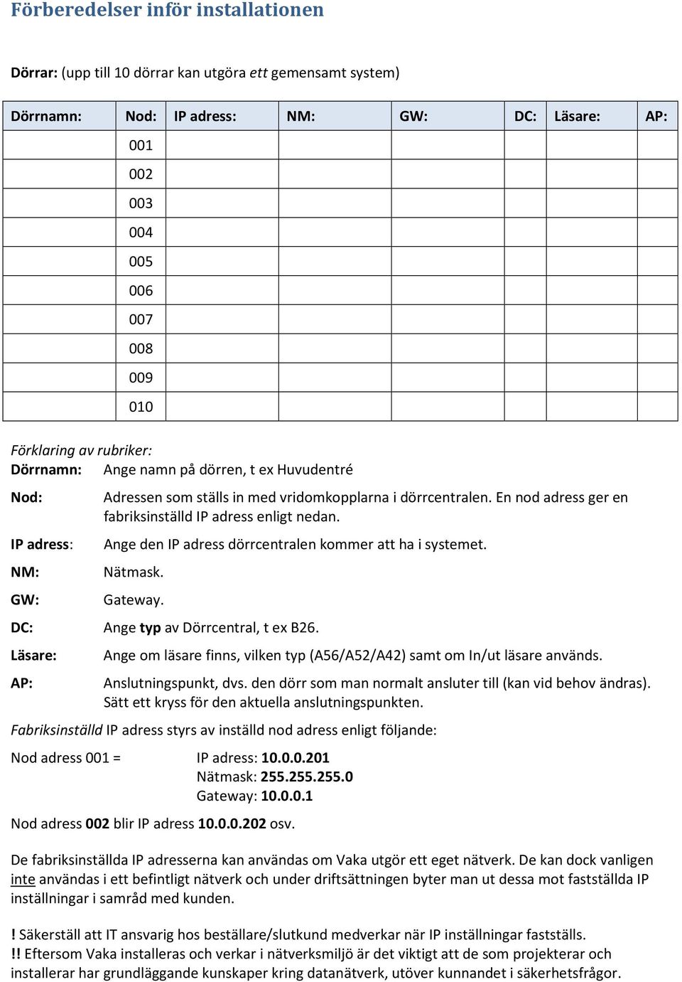 En nod adress ger en fabriksinställd IP adress enligt nedan. Ange den IP adress dörrcentralen kommer att ha i systemet. Nätmask. Gateway. DC: Ange typ av Dörrcentral, t ex B26.