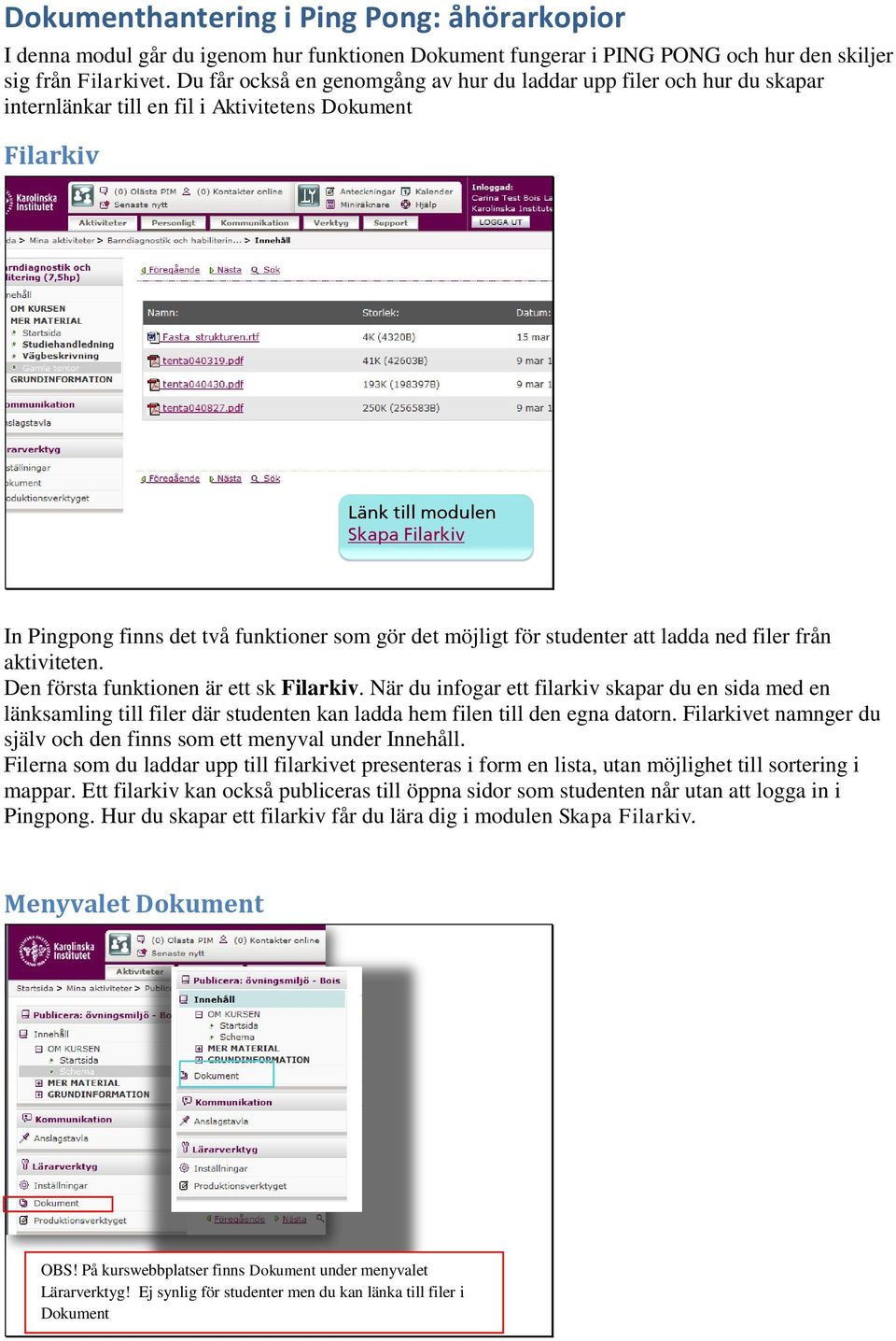 som gör det möjligt för studenter att ladda ned filer från aktiviteten. Den första funktionen är ett sk Filarkiv.