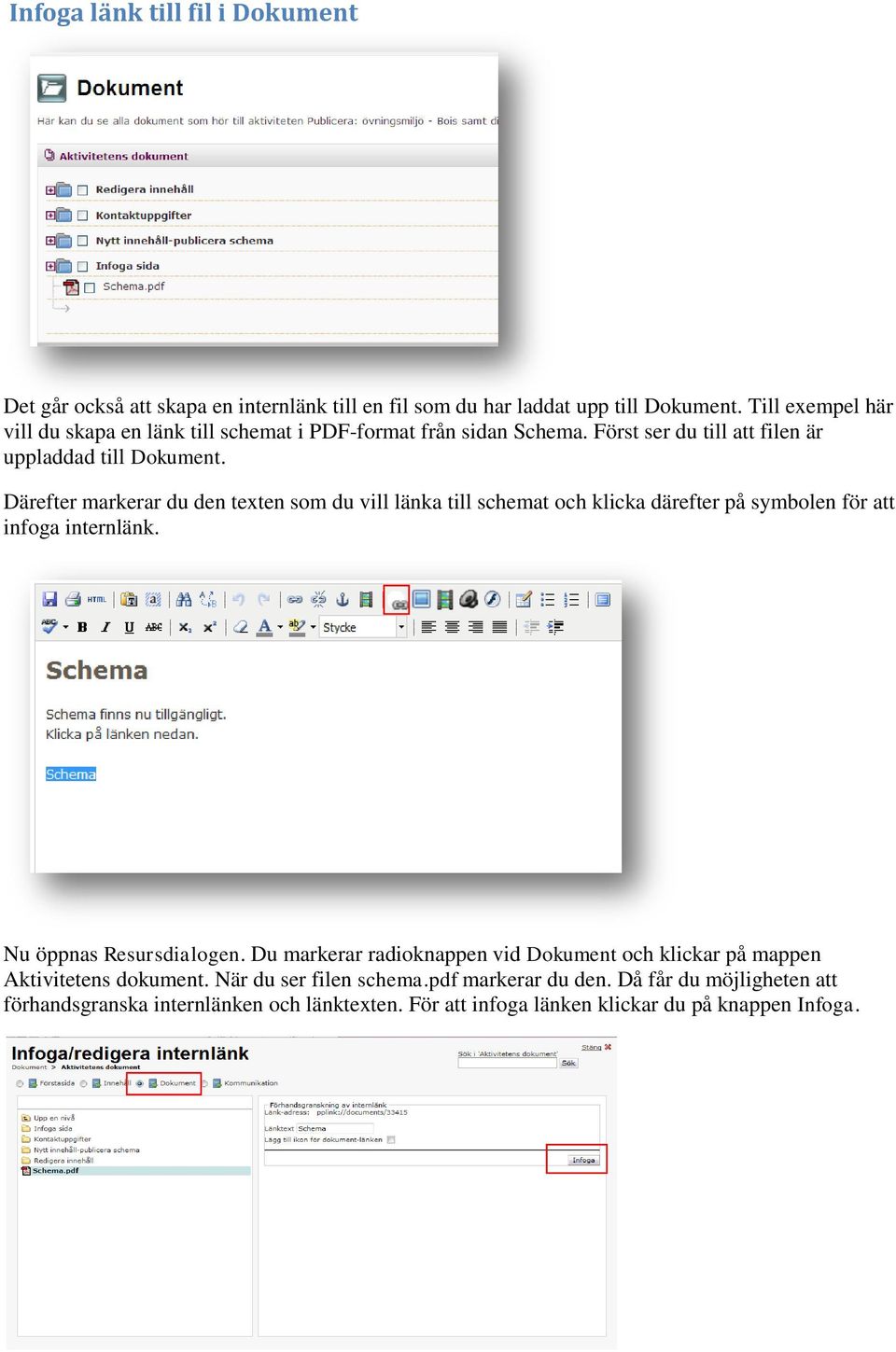 Därefter markerar du den texten som du vill länka till schemat och klicka därefter på symbolen för att infoga internlänk. Nu öppnas Resursdialogen.