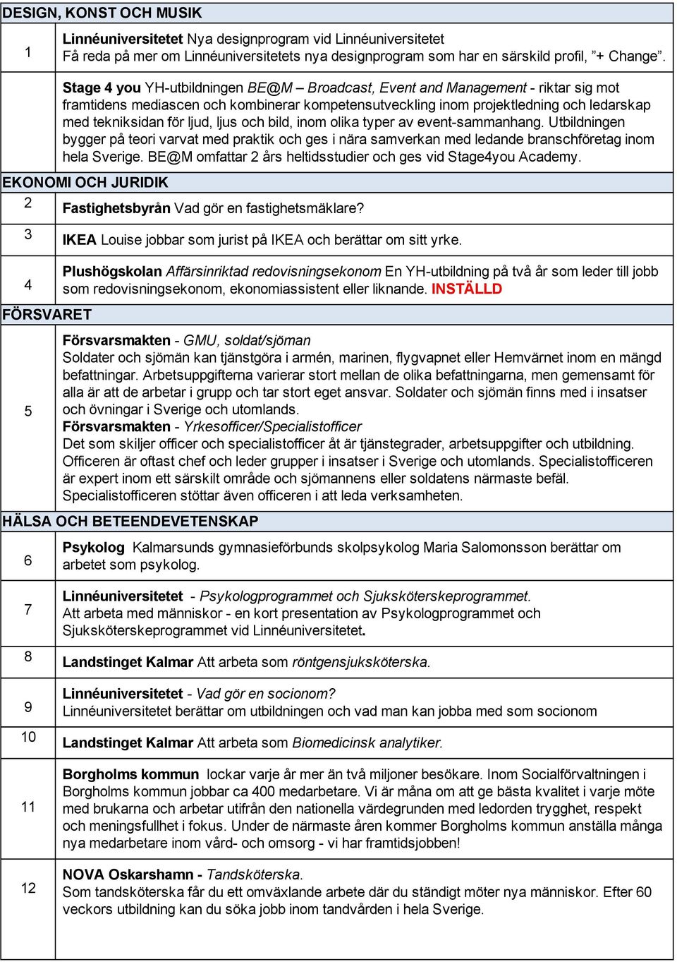 ljus och bild, inom olika typer av event-sammanhang. Utbildningen bygger på teori varvat med praktik och ges i nära samverkan med ledande branschföretag inom hela Sverige.