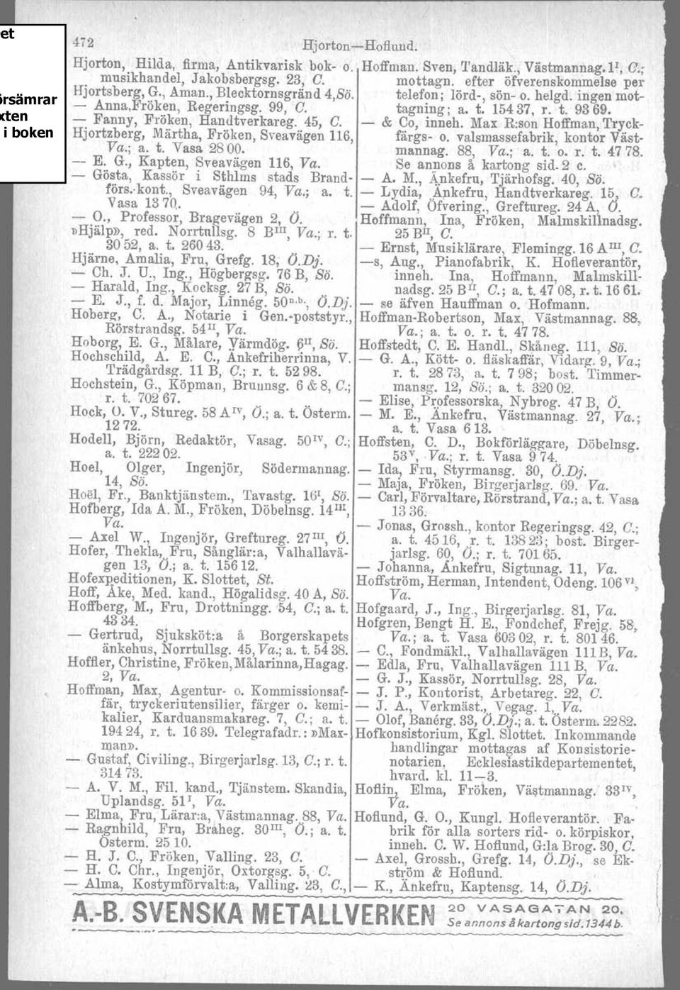 Max R:son Hoffman, Tryck- Hjortzberg, Märtha, Fröken, Sveavägen 116, färgs- O. valsmassefabrik, kontor Väst- Va.;.a. t. Vasa 2800. marmag. 88, Va.; a. t. o. r. t. 4778. - E. G.