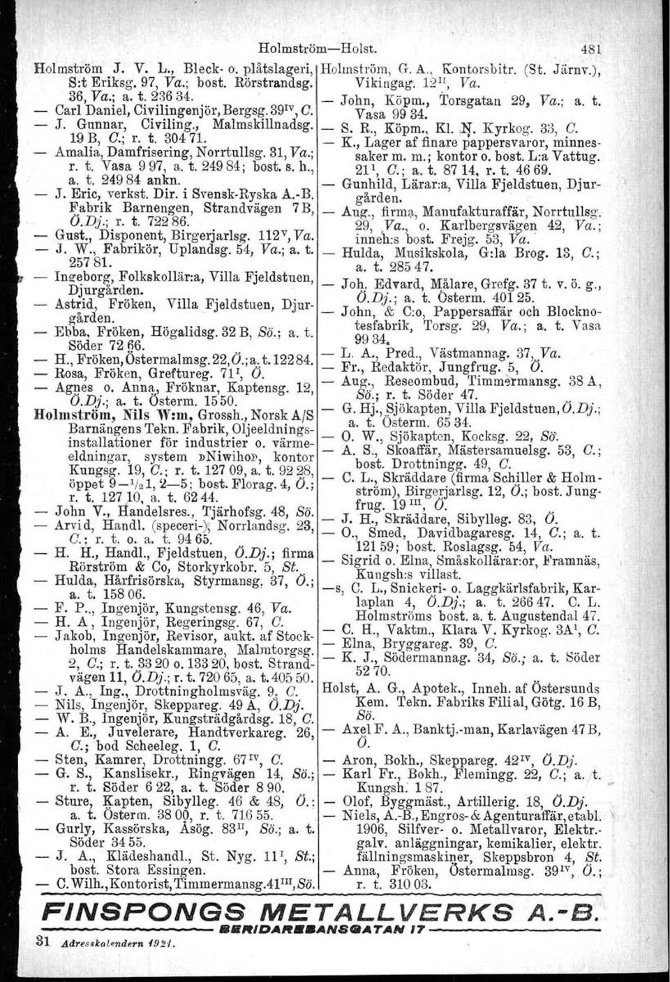 , Lager af finare pappersvaror, minnes- Amalia, Damfrisering, Norrtullsg. 31, Va.; saker m. m.; kontor o. bost. L:a Vattug. r. t. Vasa 997, a. t. 24984; bost. s. h., 21 r, C.; a. t. 8714, r. t. 4669.