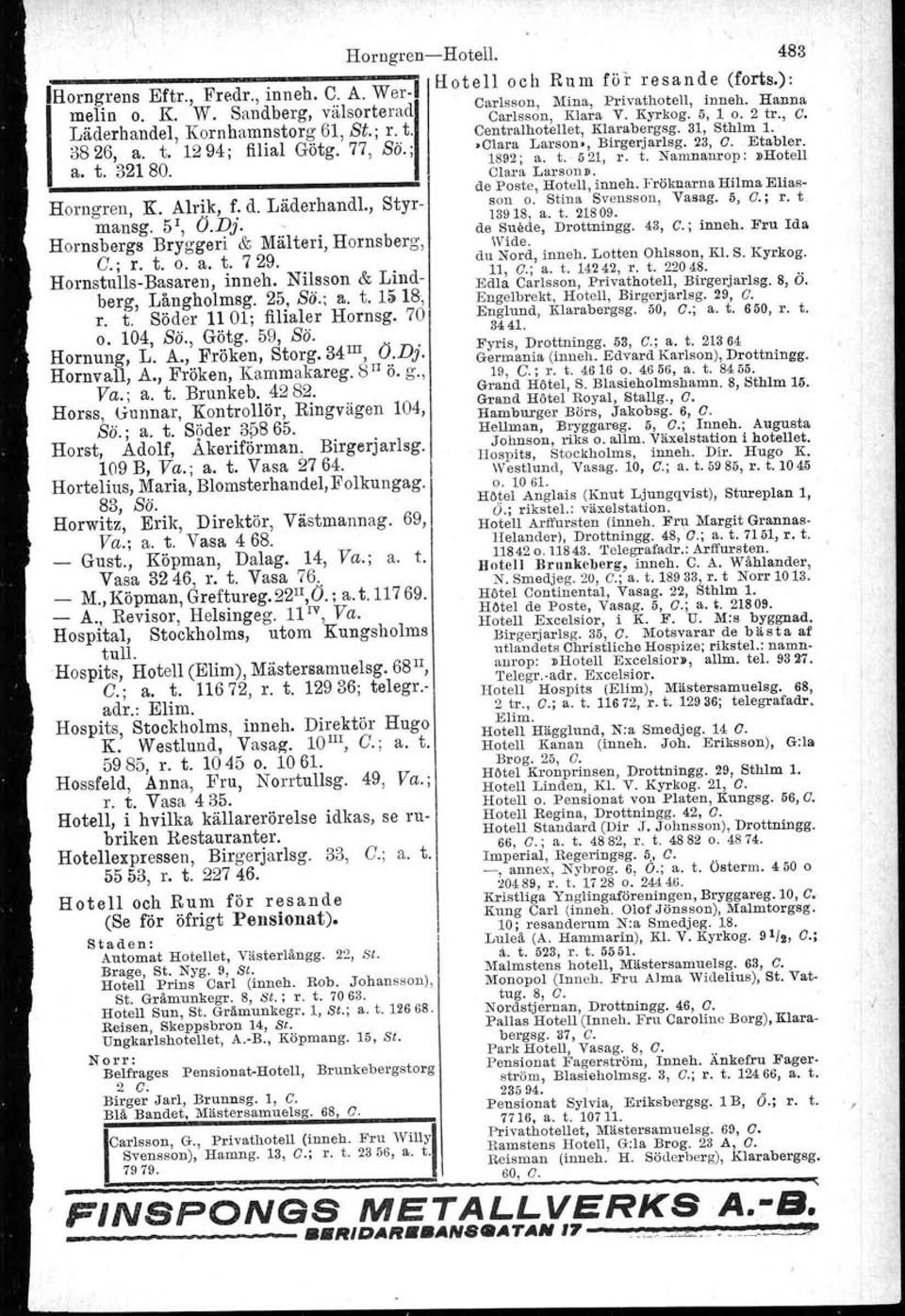 23, G. Etabler. a. t. 321 80. ~~~;~ ~ ar~ 01~;.lJr. t. Namnanrop :»Hotell de Poste, Hotell, inneh, Fröknarna Hilma Elias Horngren, K. Alri,k, f. d. Läderhandl., St yr- son o. Stina Svensson, Vasag.