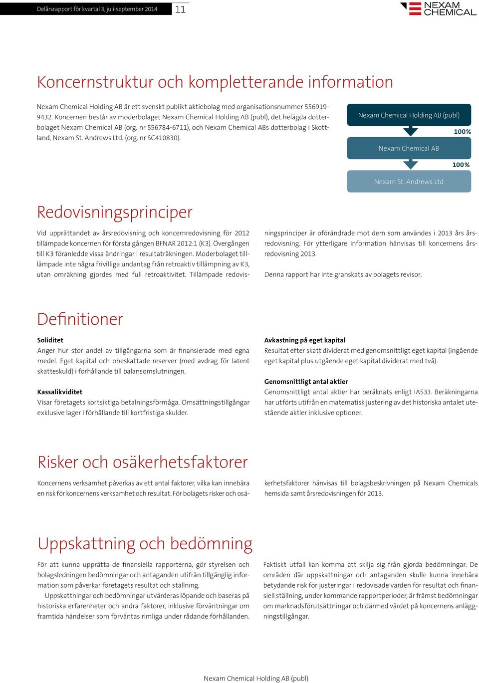 Nexam Chemical AB 100% 100% Nexam St. Andrews Ltd Redovisningsprinciper Vid upprättandet av årsredovisning och koncernredovisning för 2012 tillämpade koncernen för första gången BFNAR 2012:1 (K3).