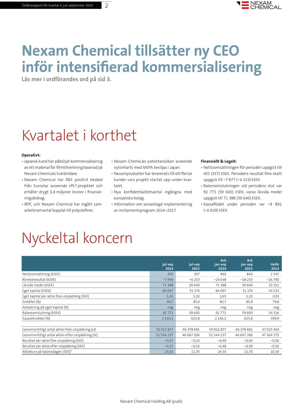Nexam Chemical har fått positivt besked från Eurostar avseende rpet-projektet och erhåller drygt 3,4 miljoner kronor i finansieringsbidrag.