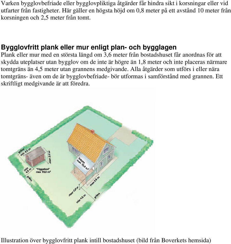 Bygglovfritt plank eller mur enligt plan- och bygglagen Plank eller mur med en största längd om 3,6 meter från bostadshuset får anordnas för att skydda uteplatser utan bygglov om de inte