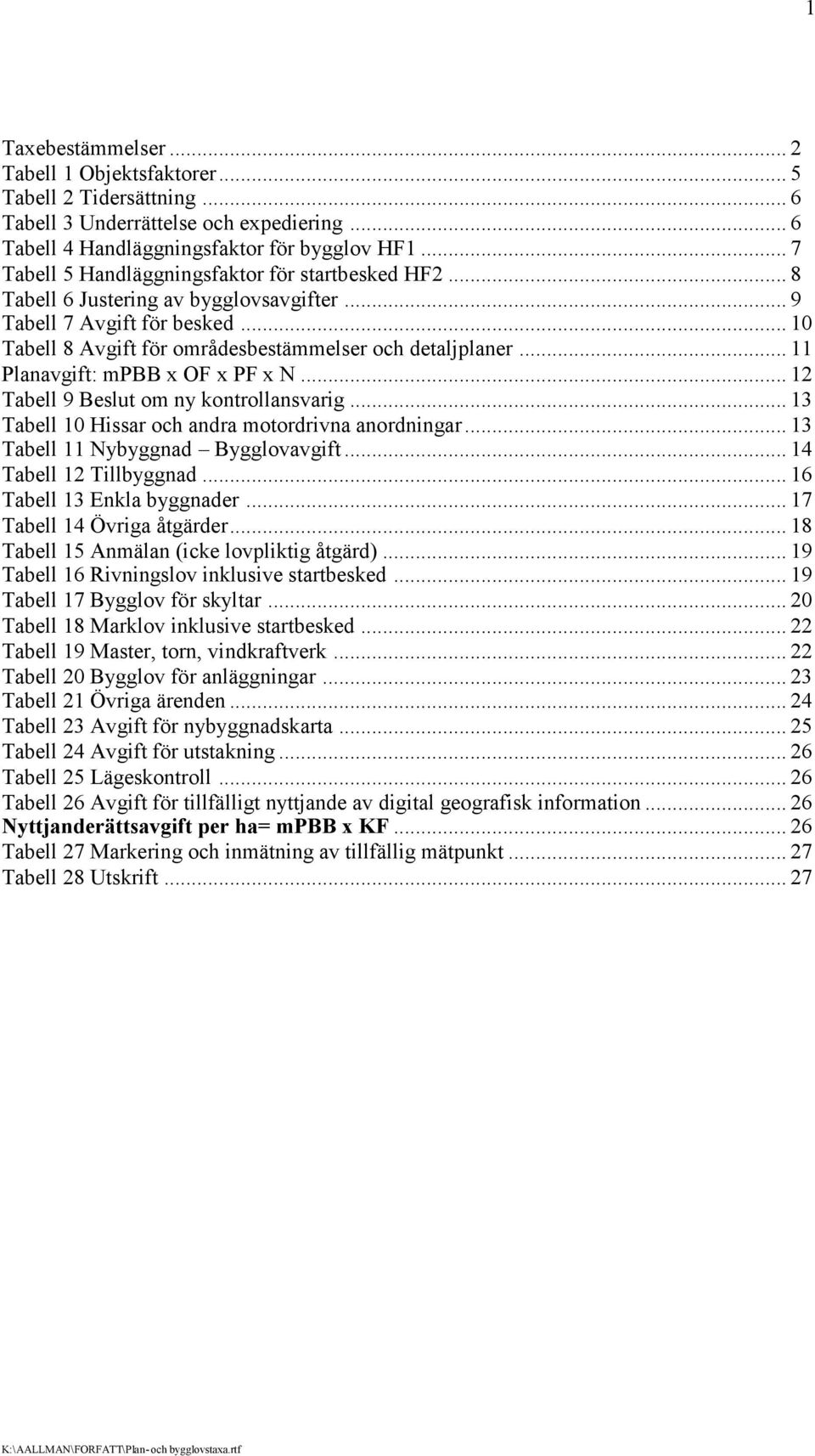 .. 11 Planavgift: mpbb x OF x PF x N... 12 Tabell 9 Beslut om ny kontrollansvarig... 13 Tabell 10 Hissar och andra motordrivna anordningar... 13 Tabell 11 Nybyggnad Bygglovavgift.