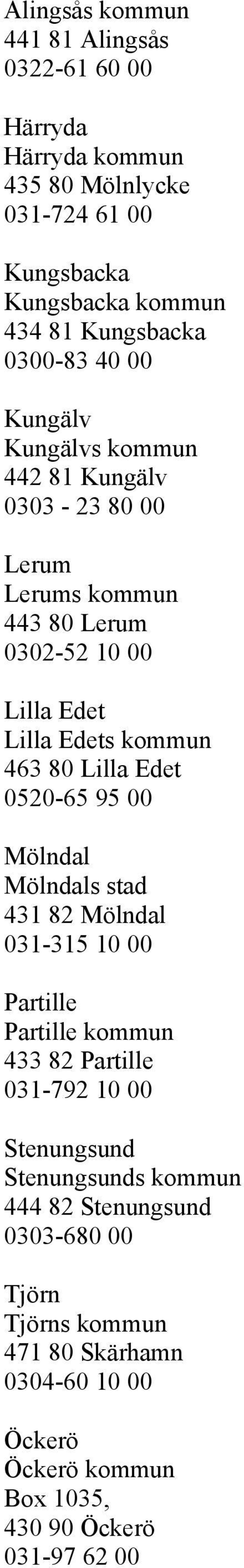 80 Lilla Edet 0520-65 95 00 Mölndal Mölndals stad 431 82 Mölndal 031-315 10 00 Partille Partille kommun 433 82 Partille 031-792 10 00 Stenungsund