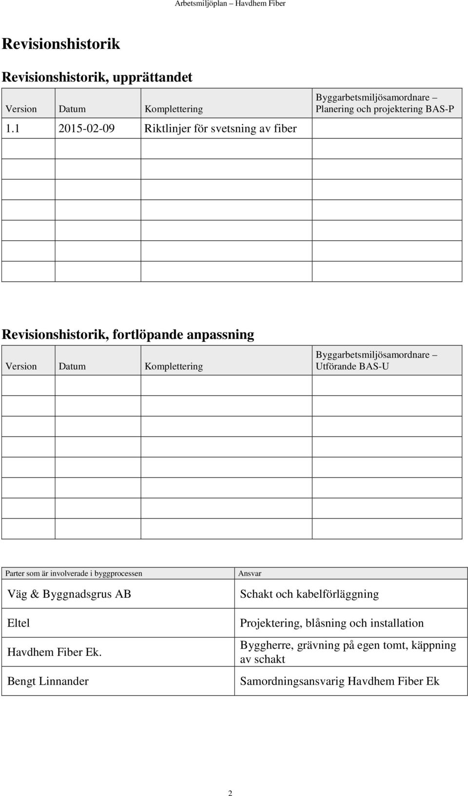 anpassning Version Datum Komplettering Byggarbetsmiljösamordnare Utförande BAS-U Parter som är involverade i byggprocessen Väg & Byggnadsgrus