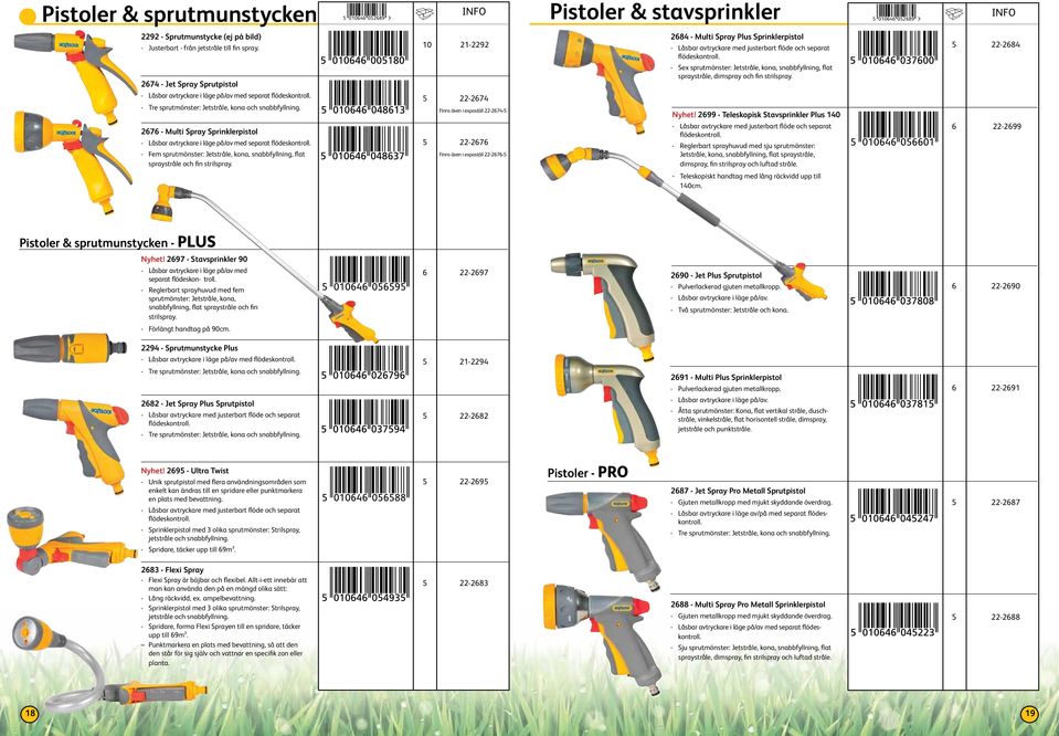 2676 - Multi Spray Sprinklerpistol - Låsbar avtryckare i läge på/av med separat flödeskontroll. - Fem sprutmönster: Jetstråle, kona, snabbfyllning, flat spraystråle och fin strilspray.