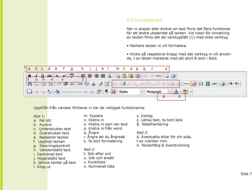 a b c d e f g h i j k l m n o p q r s t u v x y z å ä ö Uppifrån från vänster förklarar vi här de viktigast funktionerna: Rad 1: a. Fet stil b. Kursivt c. Understruken text d. Överstruken text e.