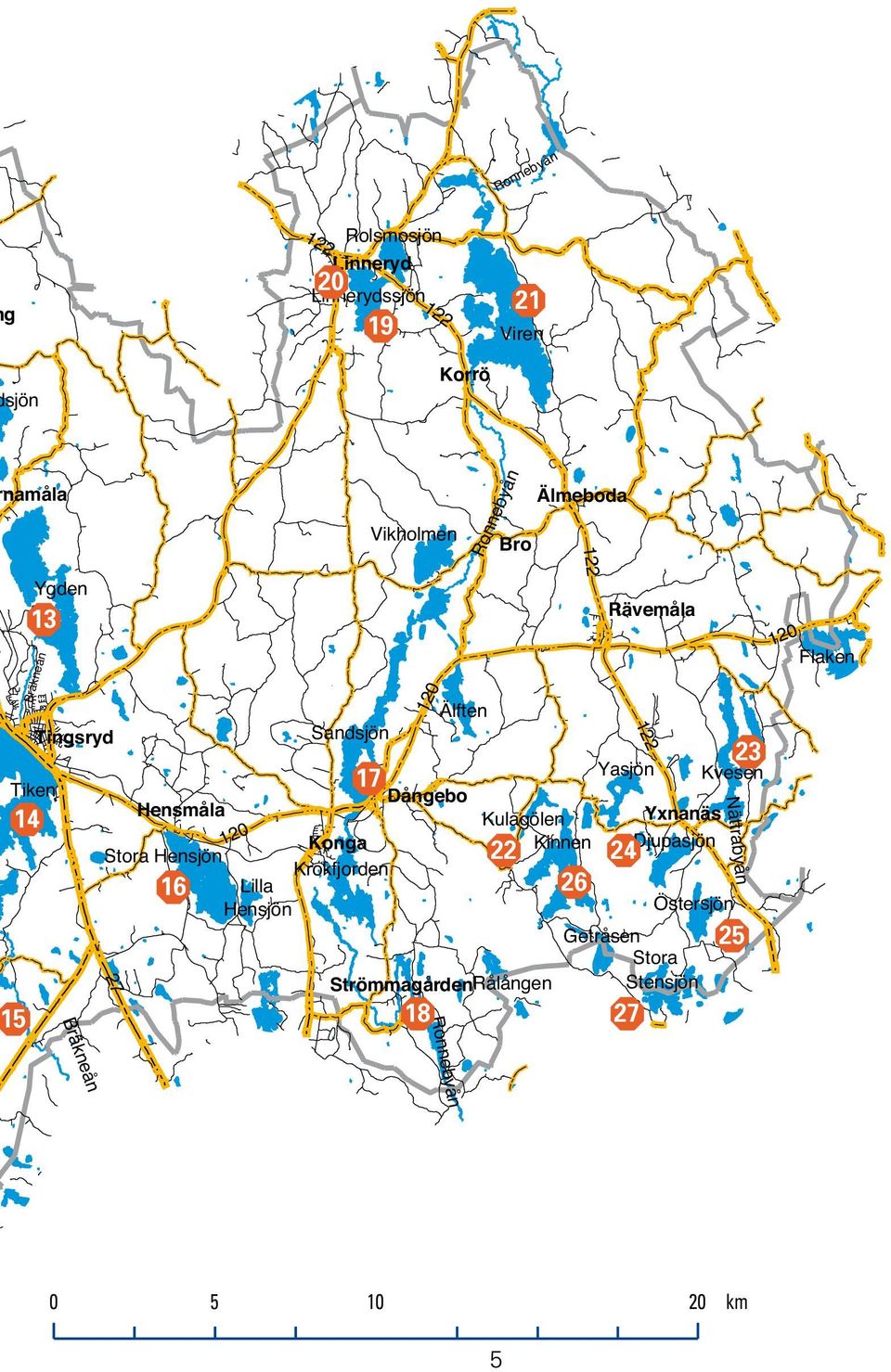 Linnerydssjön sjön Bro Korrö Yxnanäs Hensmåla Älmeboda Strömmagården Konga Dångebo Tingsryd Linneryd Rävemåla