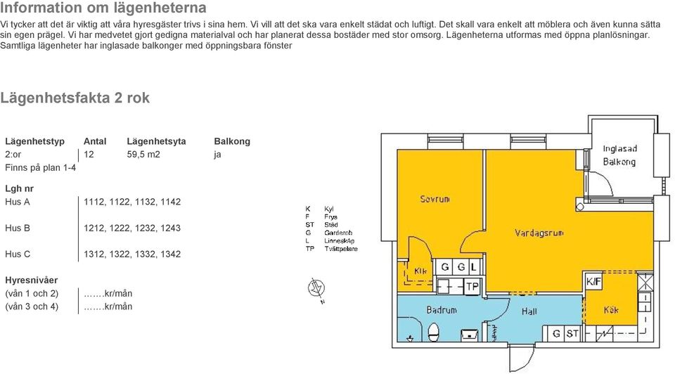 Lägenheterna utformas med öppna planlösningar.