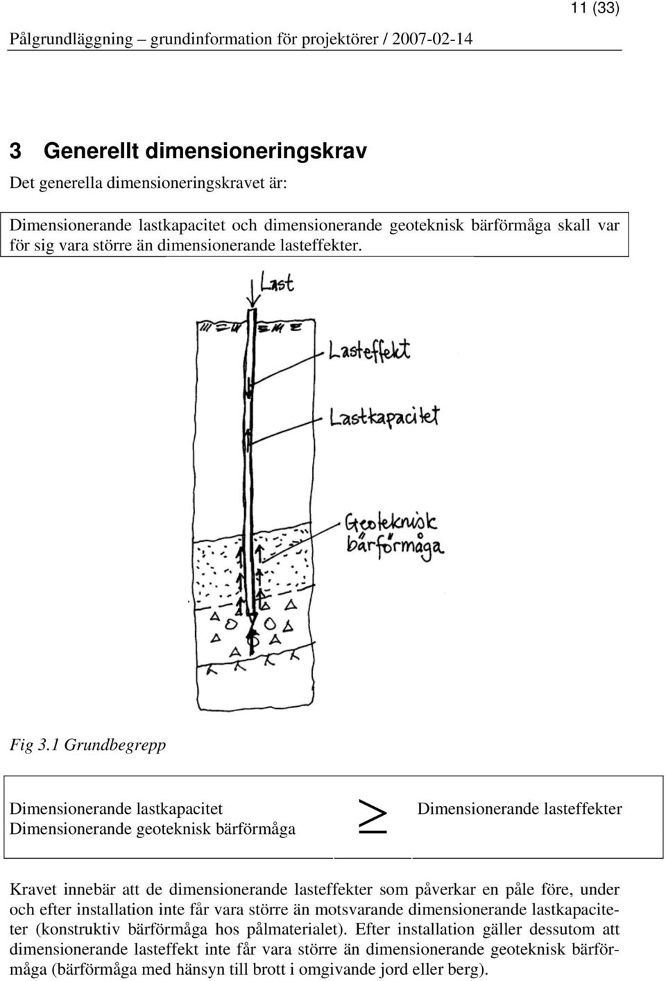 1 Grundbegrepp Dimensionerande lastkapacitet Dimensionerande geoteknisk bärförmåga Dimensionerande lasteffekter Kravet innebär att de dimensionerande lasteffekter som påverkar en påle