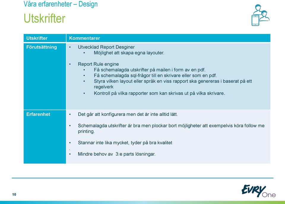 Styra vilken layout eller språk en viss rapport ska genereras i baserat på ett regelverk Kontroll på vilka rapporter som kan skrivas ut på vilka skrivare.