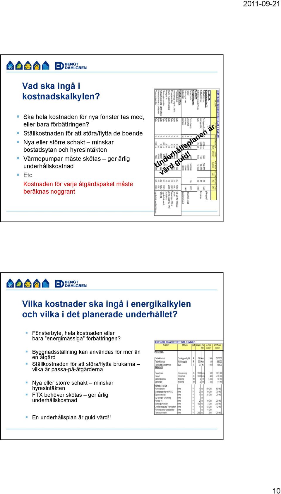 varje åtgärdspaket måste beräknas noggrant Vilka kostnader ska ingå i energikalkylen och vilka i det planerade underhållet?