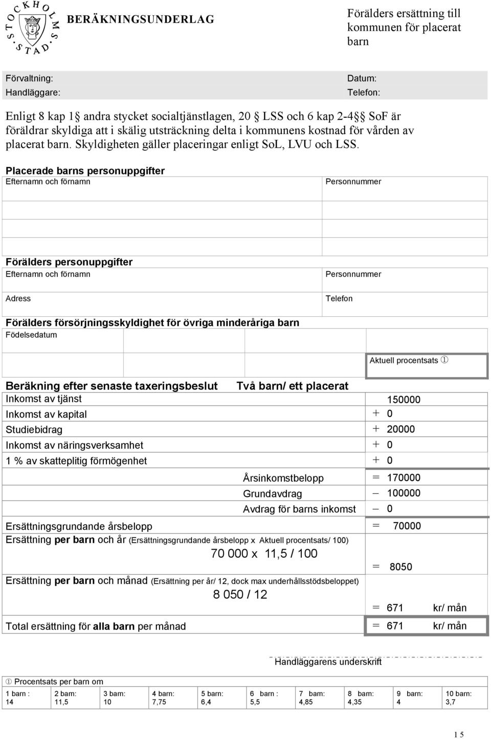 Placerade barns personuppgifter Efternamn och förnamn Personnummer Förälders personuppgifter Efternamn och förnamn Personnummer Adress Telefon Förälders försörjningsskyldighet för övriga minderåriga