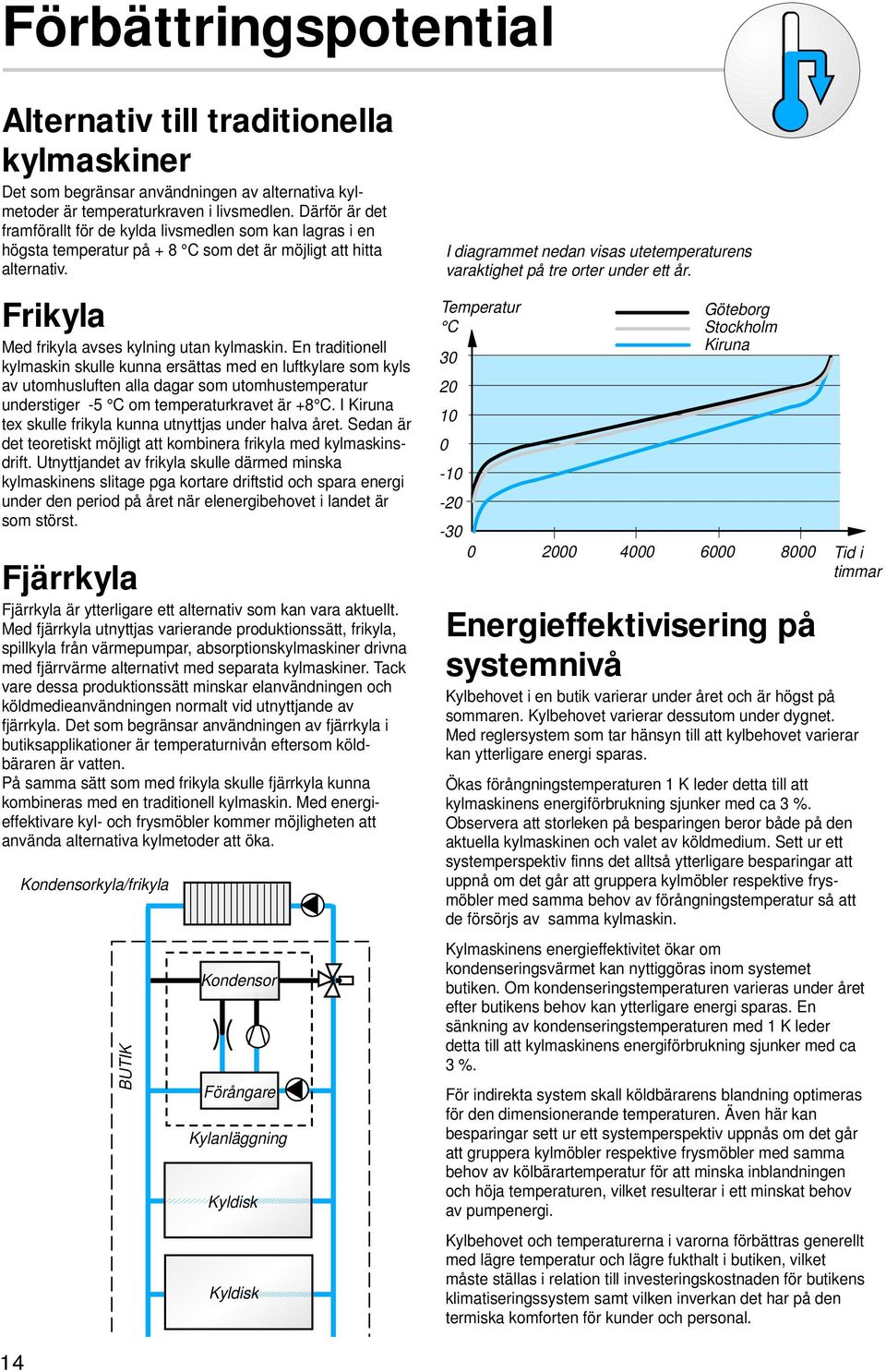 En traditionell kylmaskin skulle kunna ersättas med en luftkylare som kyls av utomhusluften alla dagar som utomhustemperatur understiger -5 C om temperaturkravet är +8 C.