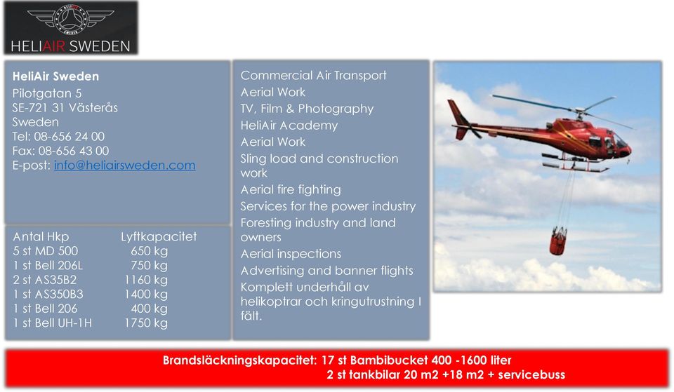 TV, Film & Photography HeliAir Academy Aerial Work Sling load and construction work Aerial fire fighting Services for the power industry Foresting industry and land