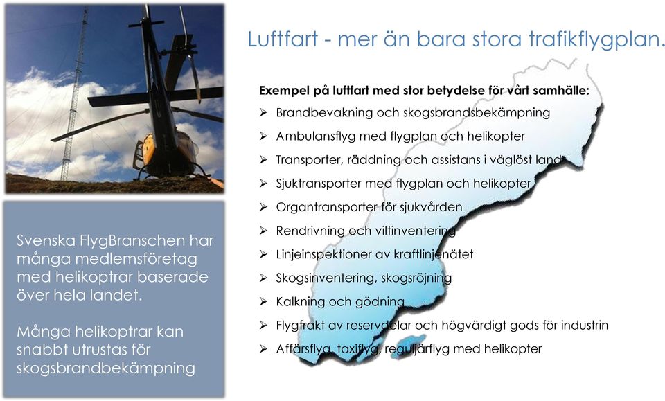 assistans i väglöst land Sjuktransporter med flygplan och helikopter Organtransporter för sjukvården Svenska FlygBranschen har många medlemsföretag med helikoptrar baserade