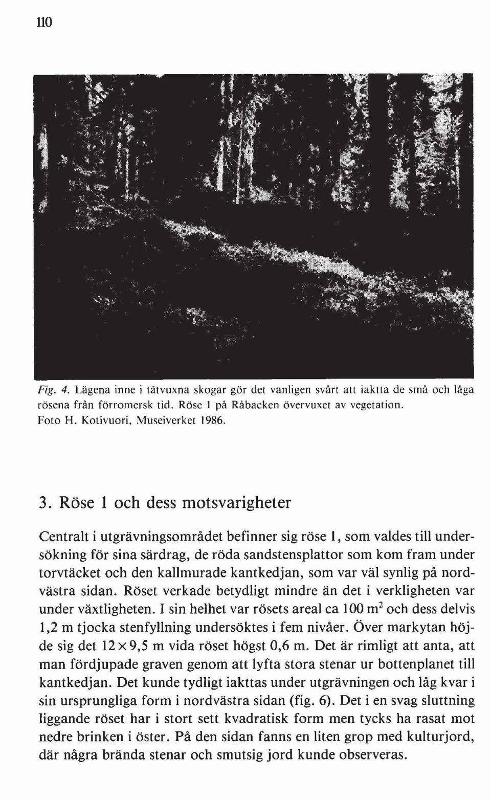 kallmurade kantkedjan, som var väl synlig på nordvästra sidan. Röset verkade betydligt mindre än det i verkligheten var under växtligheten.