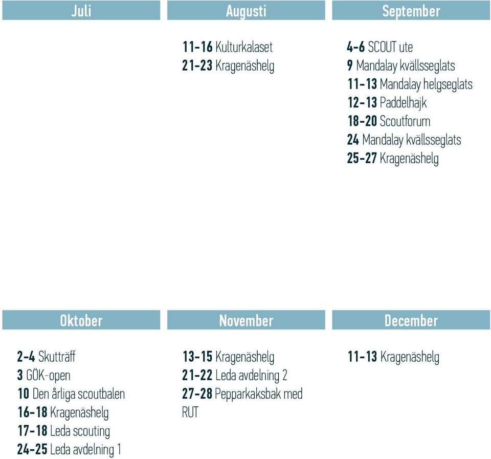 2-4 Skutträff 3 GÖK-open 10 Den årliga scoutbalen 16-18 Kragenäshelg 17-18 Leda scouting 24-25 Leda