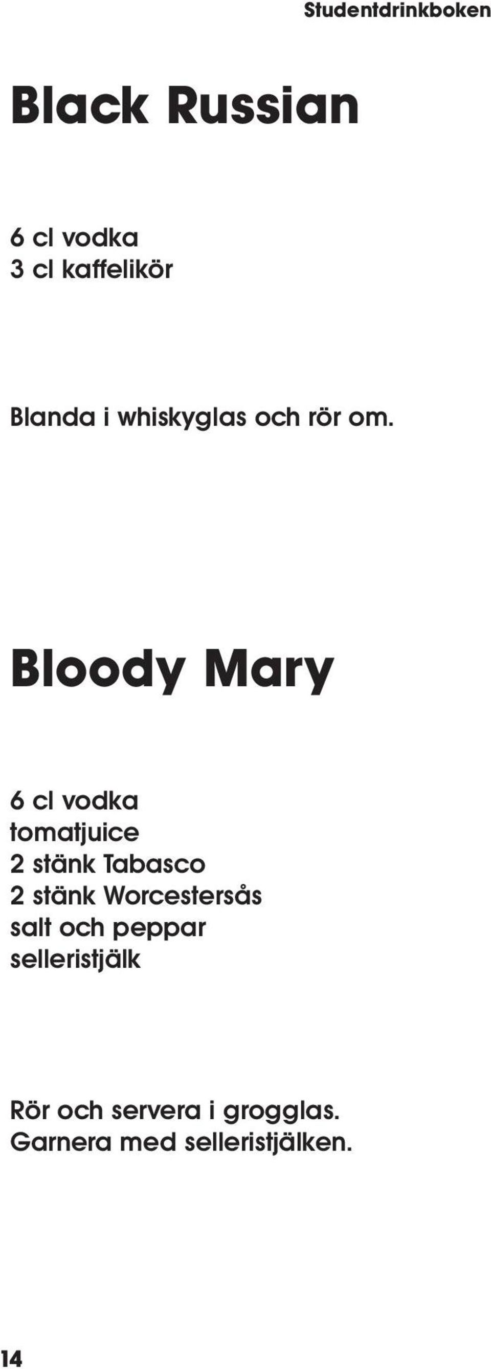 Bloody Mary 6 cl vodka tomatjuice 2 stänk Tabasco 2 stänk