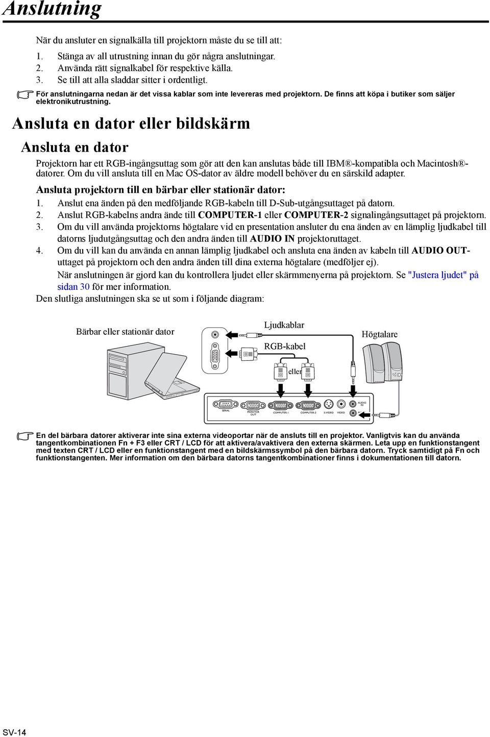 Ansluta en dator eller bildskärm Ansluta en dator Projektorn har ett RGB-ingångsuttag som gör att den kan anslutas både till IBM -kompatibla och Macintosh datorer.