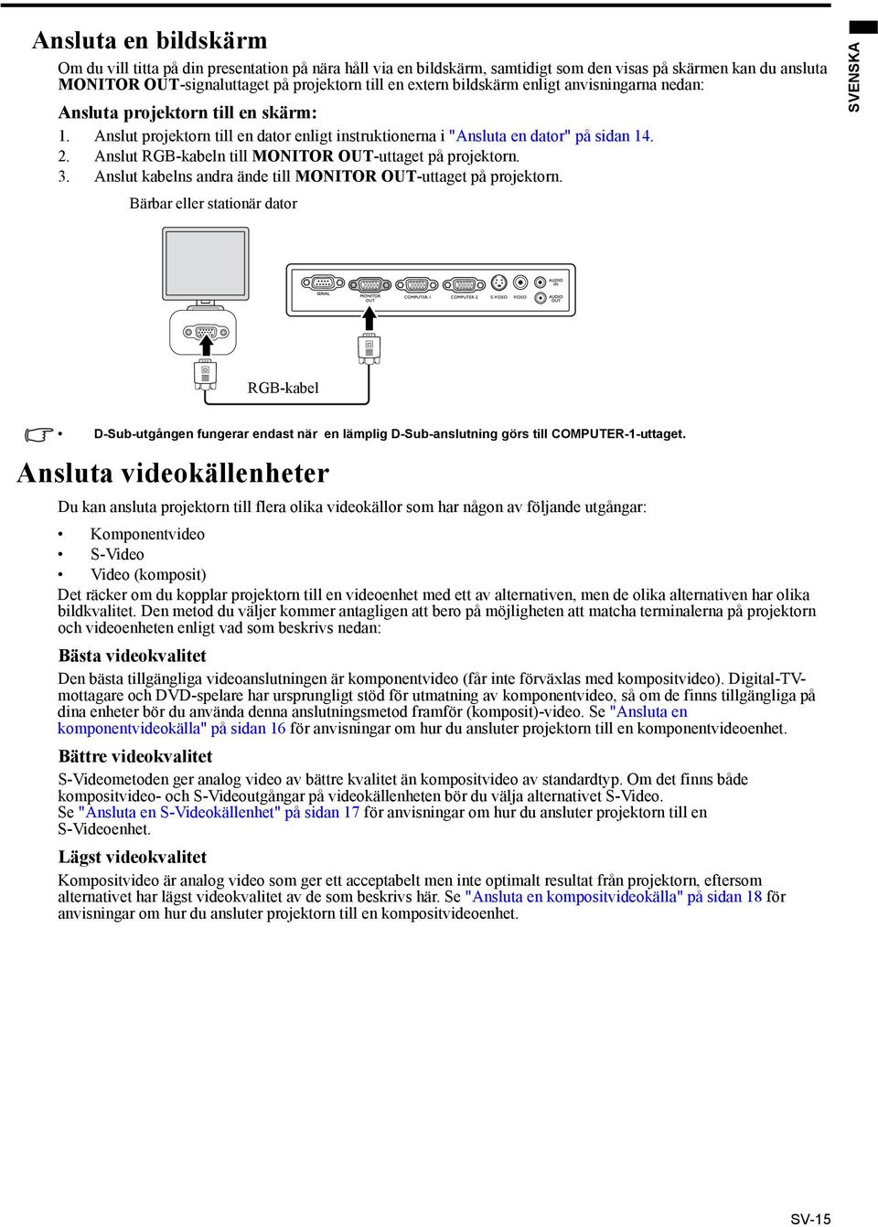 Anslut RGB-kabeln till MONITOR OUT-uttaget på projektorn. 3. Anslut kabelns andra ände till MONITOR OUT-uttaget på projektorn.
