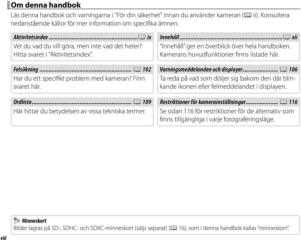 Felsökning... P 102 Varningsmeddelanden och displayer... P 106 Har du ett specifikt problem med kameran? Finn Ta reda på vad som döljer sig bakom den där blinkande svaret här.