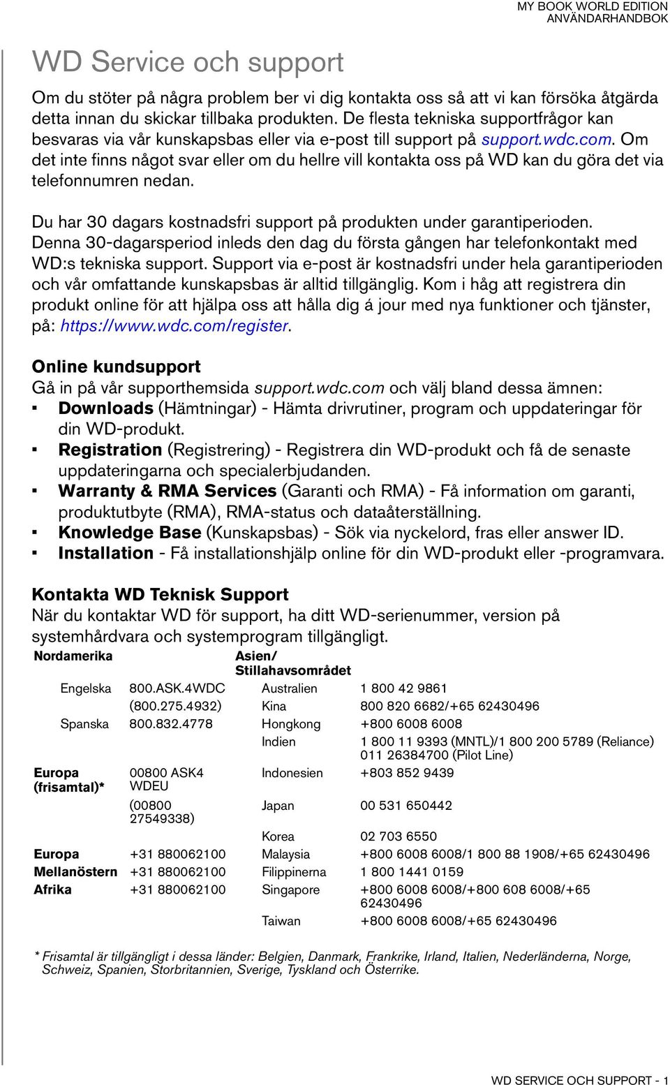 Om det inte finns något svar eller om du hellre vill kontakta oss på WD kan du göra det via telefonnumren nedan. Du har 30 dagars kostnadsfri support på produkten under garantiperioden.