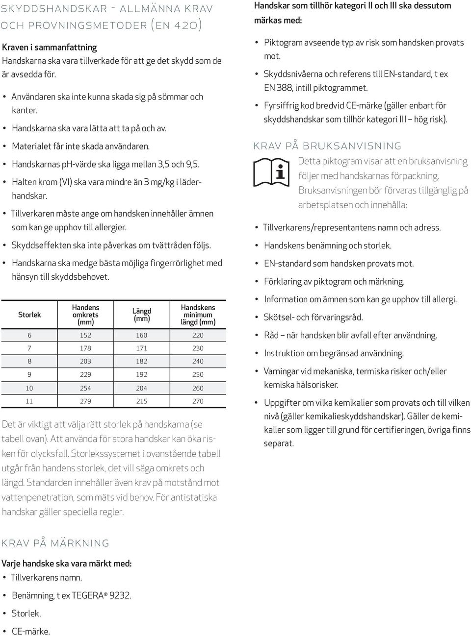 Halten krom (VI) ska vara mindre än 3 mg/kg i läderhandskar. Tillverkaren måste ange om handsken innehåller ämnen som kan ge upphov till allergier.