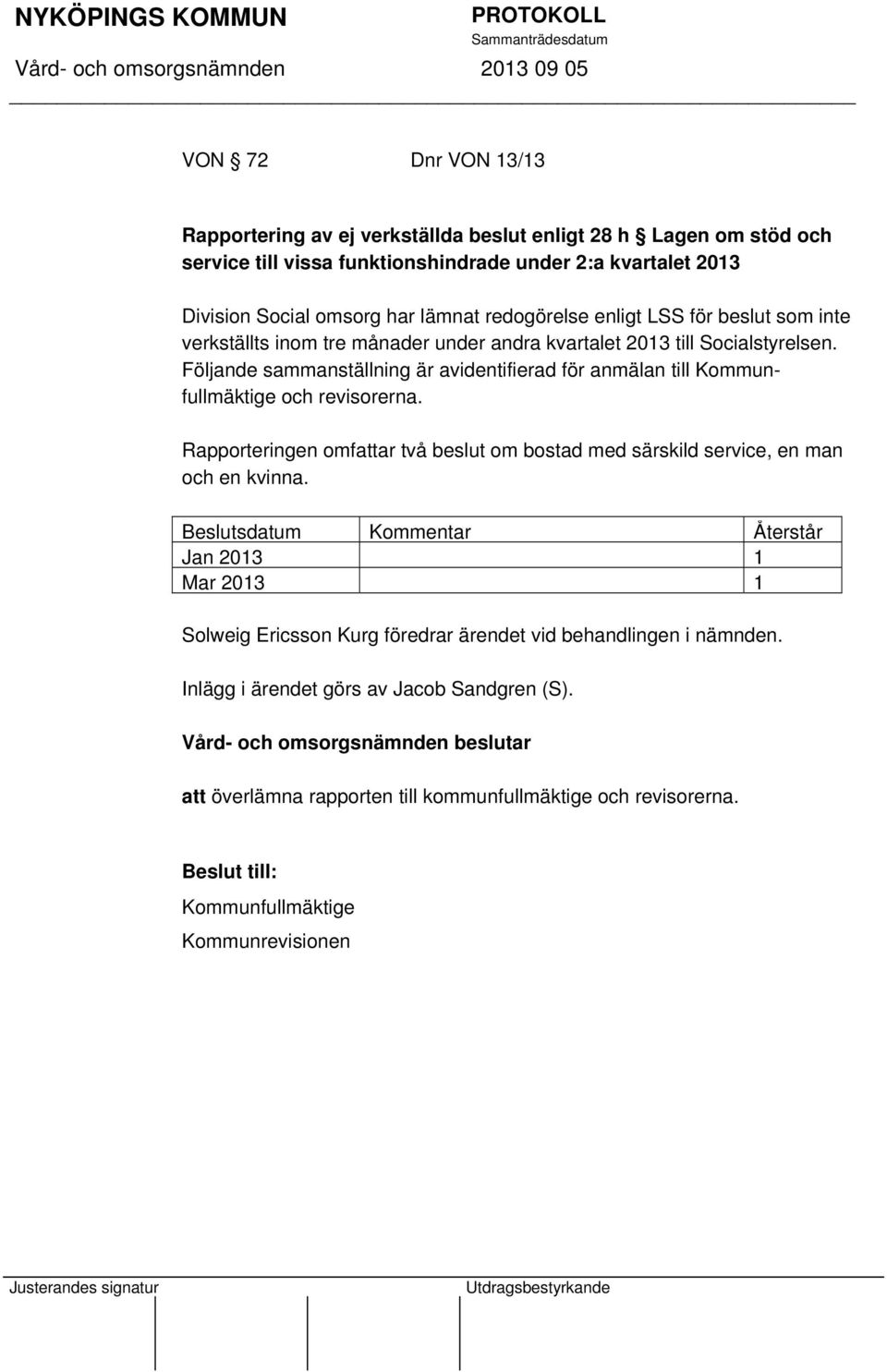 Följande sammanställning är avidentifierad för anmälan till Kommunfullmäktige och revisorerna. Rapporteringen omfattar två beslut om bostad med särskild service, en man och en kvinna.