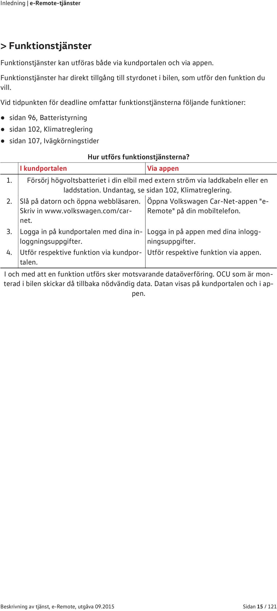 Vid tidpunkten för deadline omfattar funktionstjänsterna följande funktioner: sidan 96, Batteristyrning sidan 102, Klimatreglering sidan 107, Ivägkörningstider I kundportalen Hur utförs