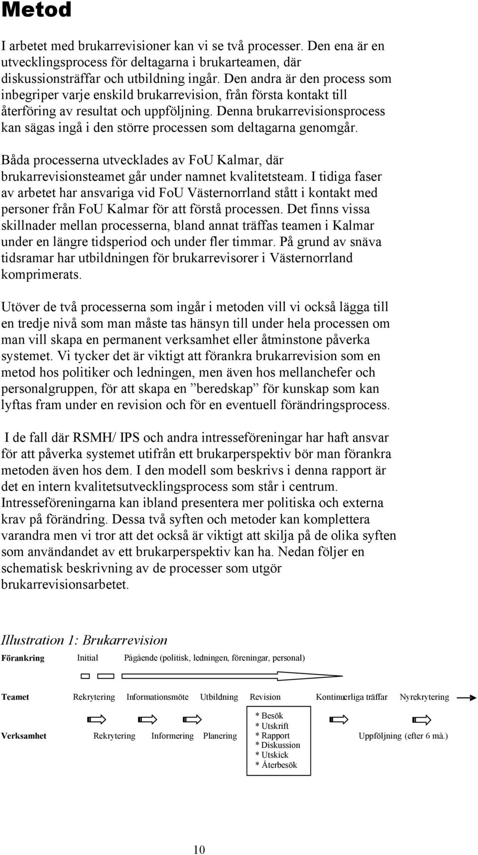 Denna brukarrevisionsprocess kan sägas ingå i den större processen som deltagarna genomgår. Båda processerna utvecklades av FoU Kalmar, där brukarrevisionsteamet går under namnet kvalitetsteam.