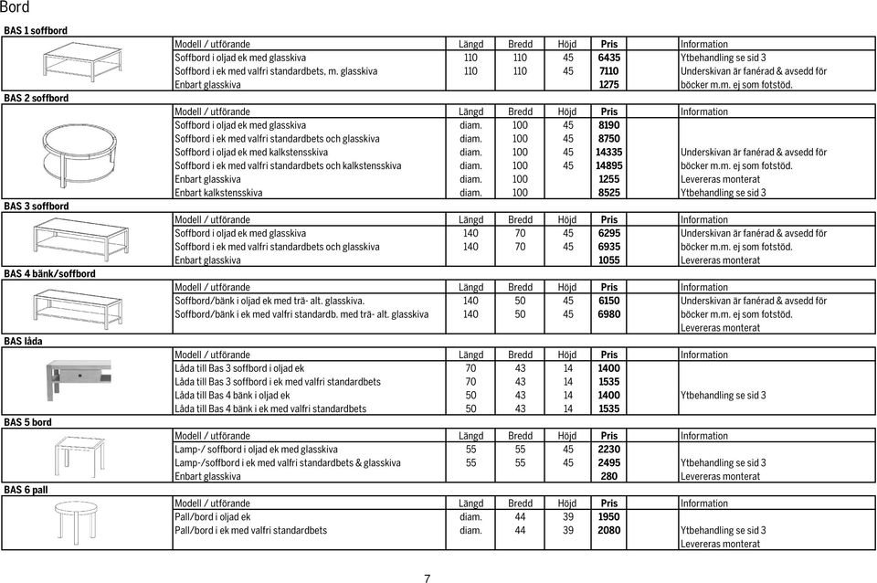 Modell / utförande Längd Bredd Höjd Pris Soffbord i oljad ek med glasskiva diam. 100 45 8190 Soffbord i ek med valfri standardbets och glasskiva diam.