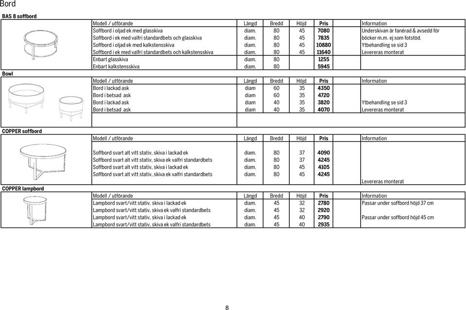 80 45 10880 Ytbehandling se sid 3 Soffbord i ek med valfri standardbets och kalkstensskiva diam. 80 45 11640 Levereras monterat Enbart glasskiva diam. 80 1255 Enbart kalkstensskiva diam.