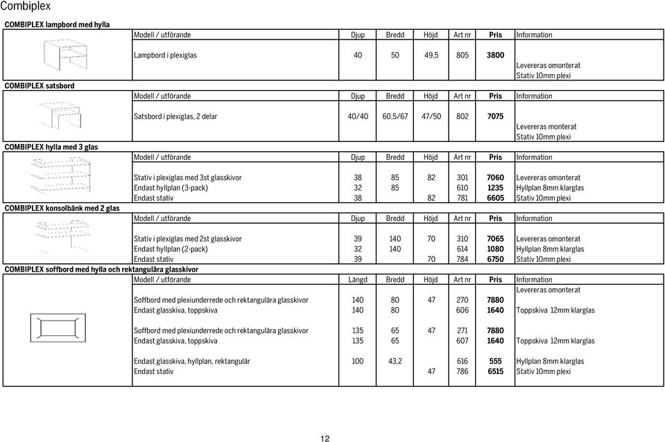 utförande Djup Bredd Höjd Art nr Pris Stativ i plexiglas med 3st glasskivor 38 85 82 301 7060 Levereras omonterat Endast hyllplan (3-pack) 32 85 610 1235 Hyllplan 8mm klarglas Endast stativ 38 82 781