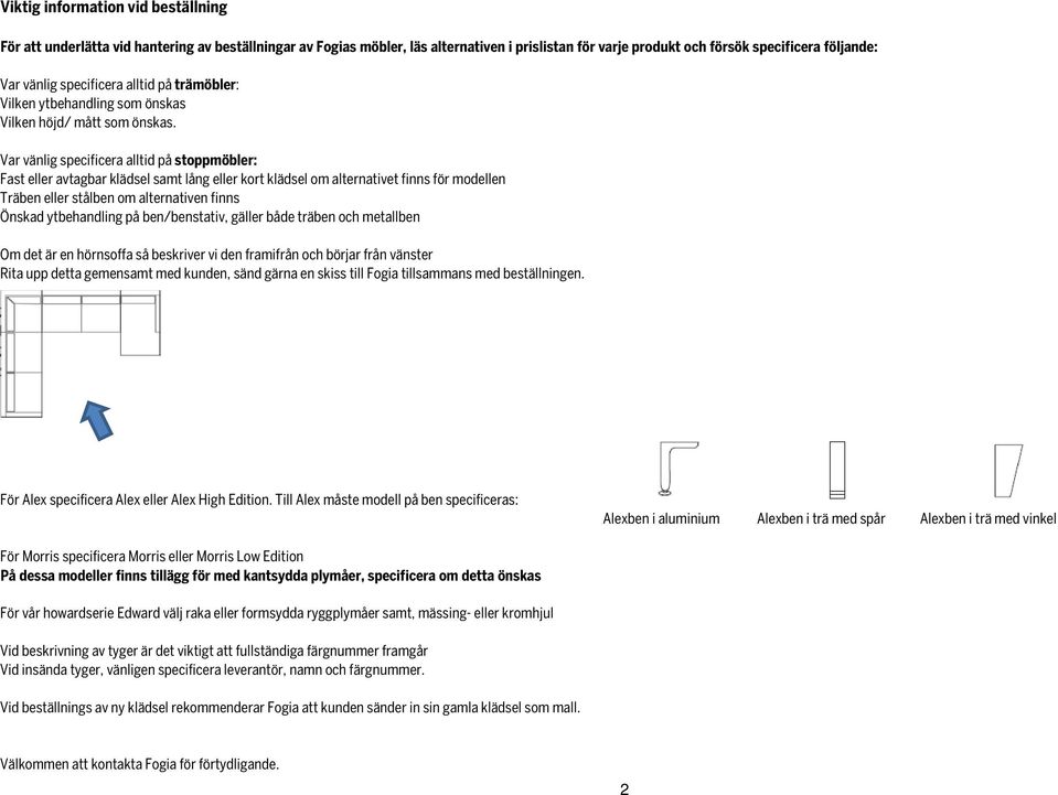 Var vänlig specificera alltid på stoppmöbler: Fast eller avtagbar klädsel samt lång eller kort klädsel om alternativet finns för modellen Träben eller stålben om alternativen finns Önskad