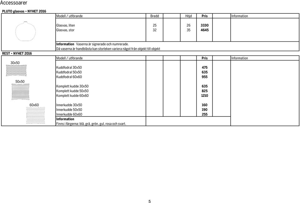 Då vaserna är handblåsta kan storleken variera något från objekt till objekt Modell / utförande Pris Kuddfodral 30x50 475 Kuddfodral